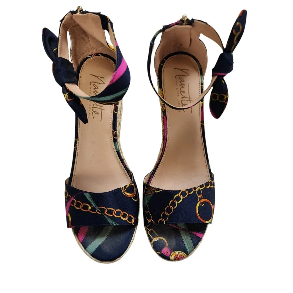 Nanette Lepore Womens Symphony Espadrille Wedge Sandal Size 8.5 Navy Chain Print